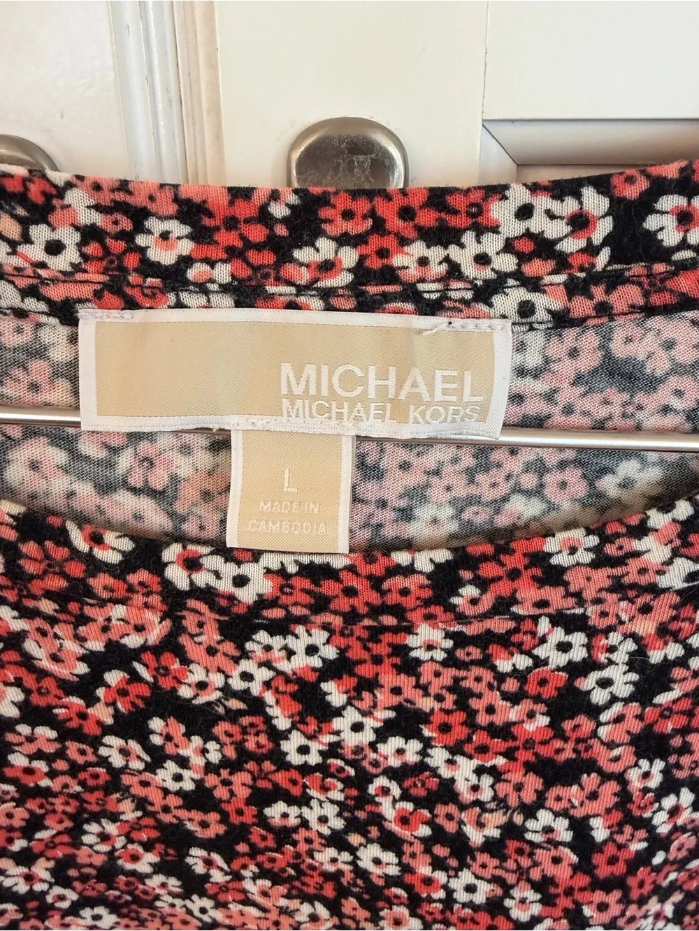 Michael Kors Black and Coral Floral Short-puff Sleeve Top large